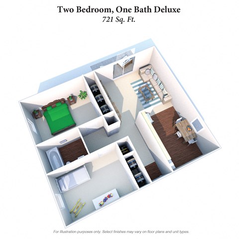Floor plan for 2 beds, 1 bath, 721 sqft